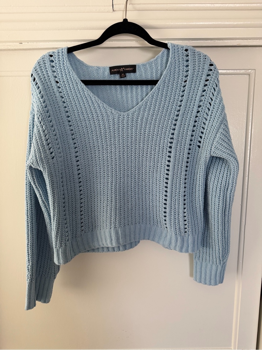 Almost Famous Pale Blue V-Neck Cropped Knit Sweater